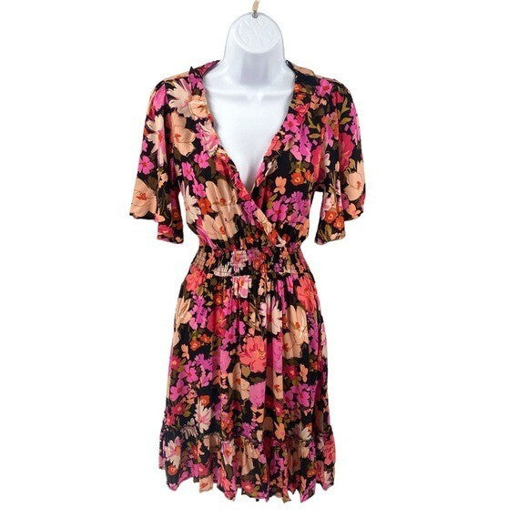 Petal & Pup NEW Lyris V-Neckline Floral Mini Dress in Pink and Black Size XS